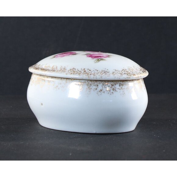 Porcelain Vanity Jar Trinket Box Pink Roses 1950s GC 2.25" Tall Vintage - Picture 6 of 14